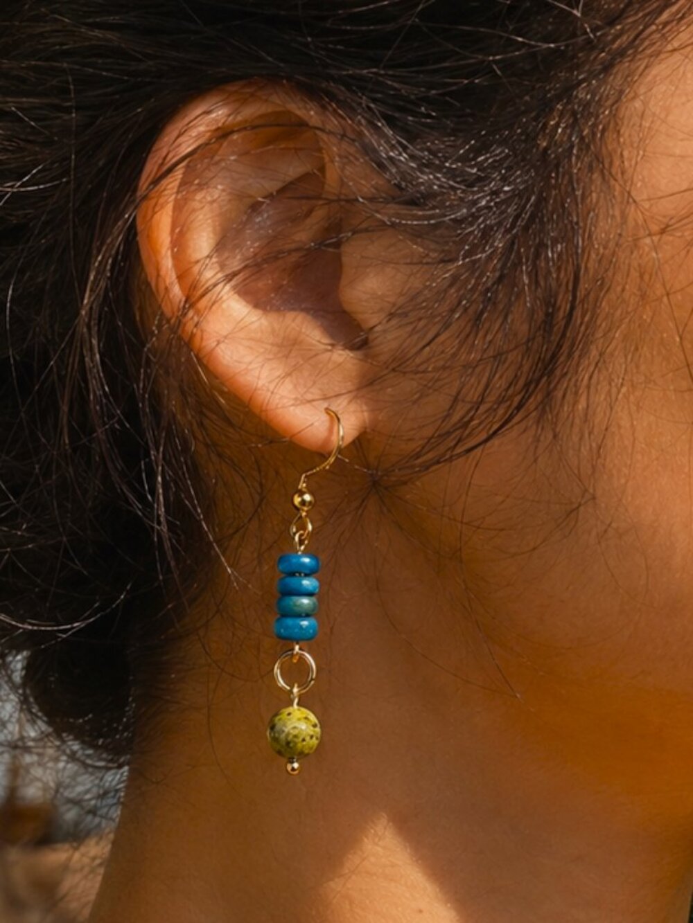 Goblincore Indigo Blue Wood & Serpentine Earrings 24k Gold Plated Stainless Hook